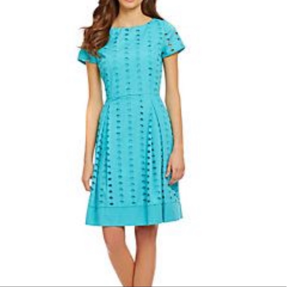 alex marie connie embroidered fit flare pleated eyelet midi dress blue size 12